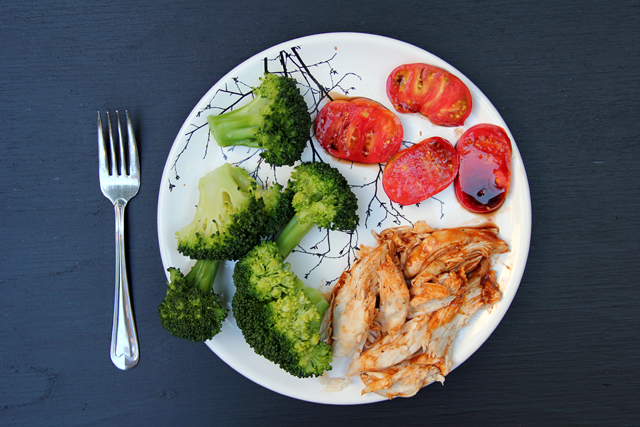 broccoli, balsamic tomatoes, roasted chicken