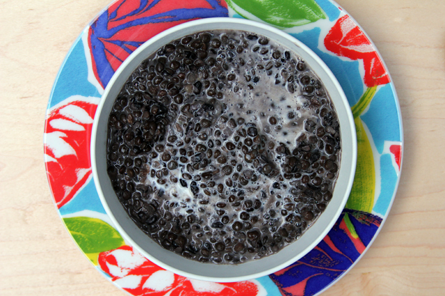 Black beluga lentils and black forbidden rice with coconut milk for breakfast