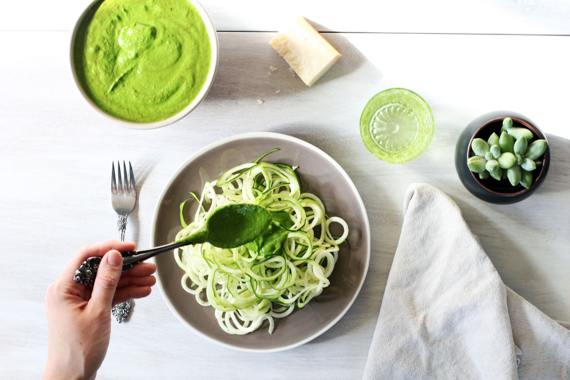 atkins end of summer harvest basil pesto being served