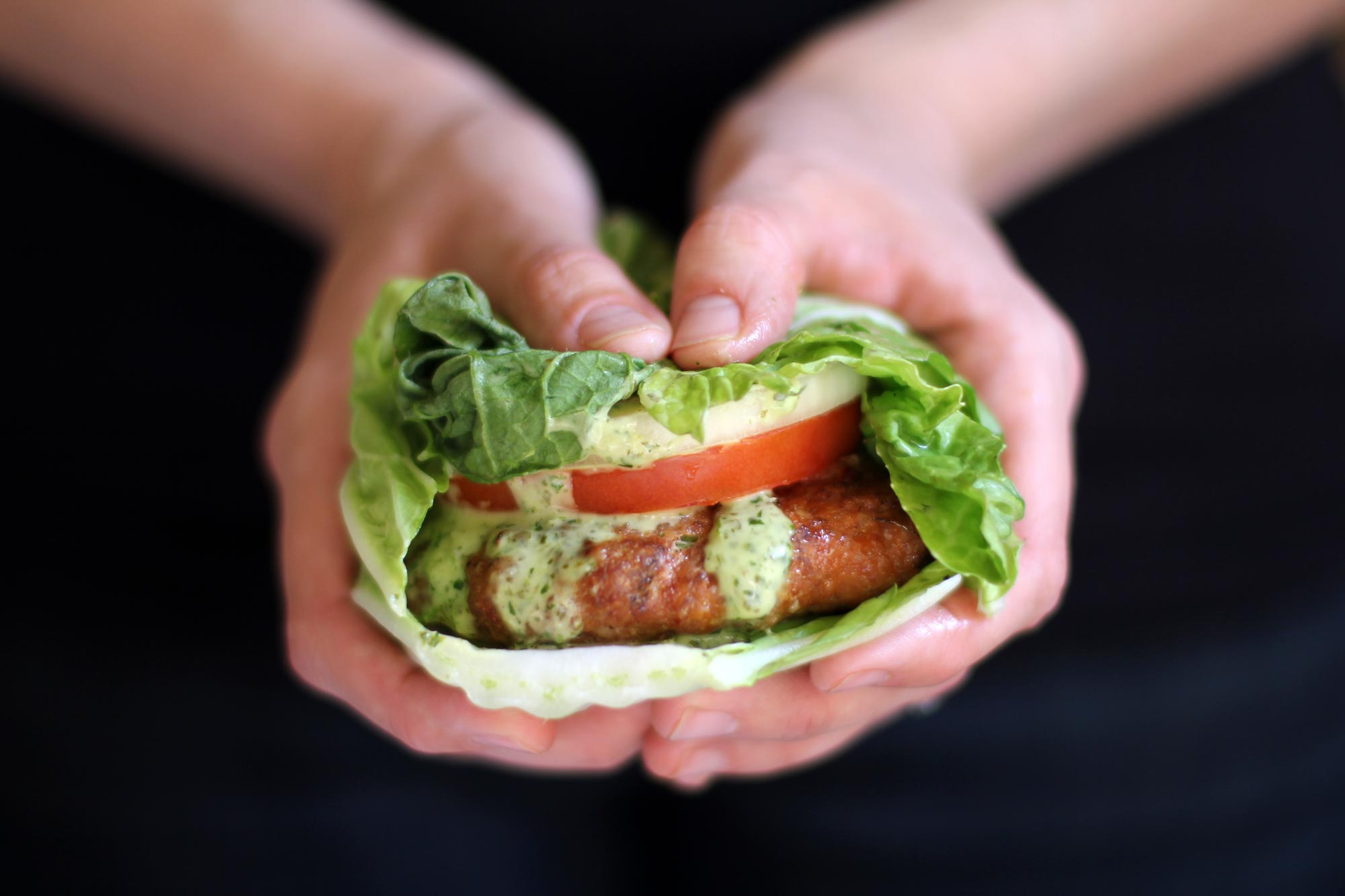 Red Thai Turkey Burgers with Cilantro Lime Aioli in a Napa Cabbage Wrap